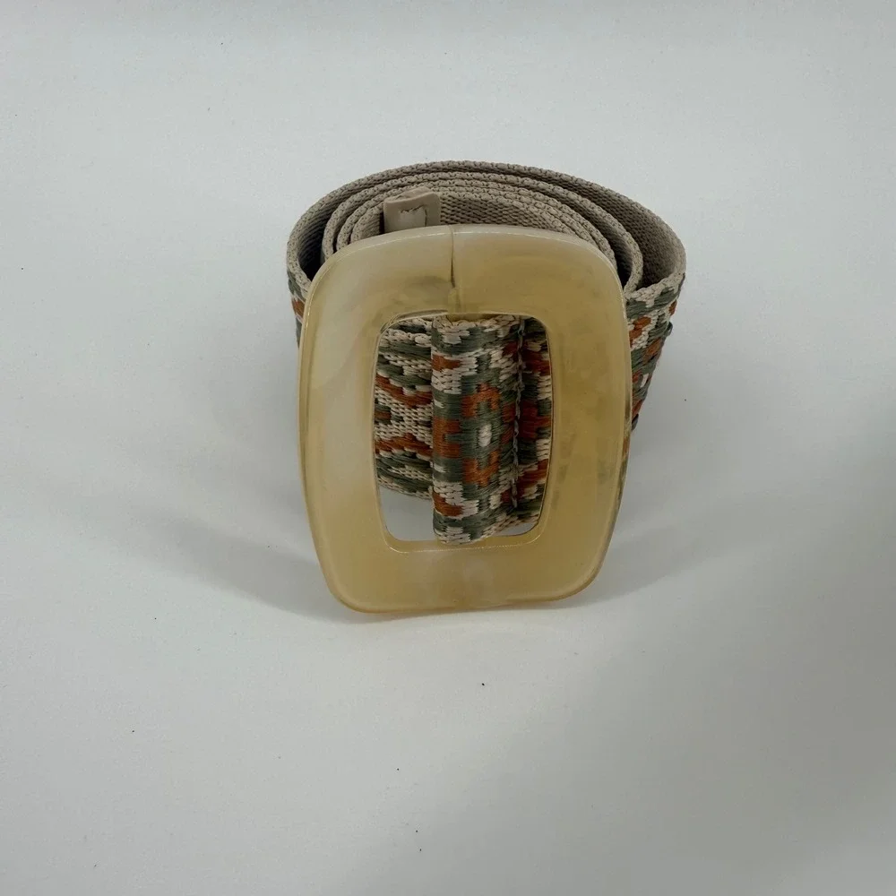 Woven‎ Belt Beige Green Orange Aztec Pattern Statement Buckle Women's